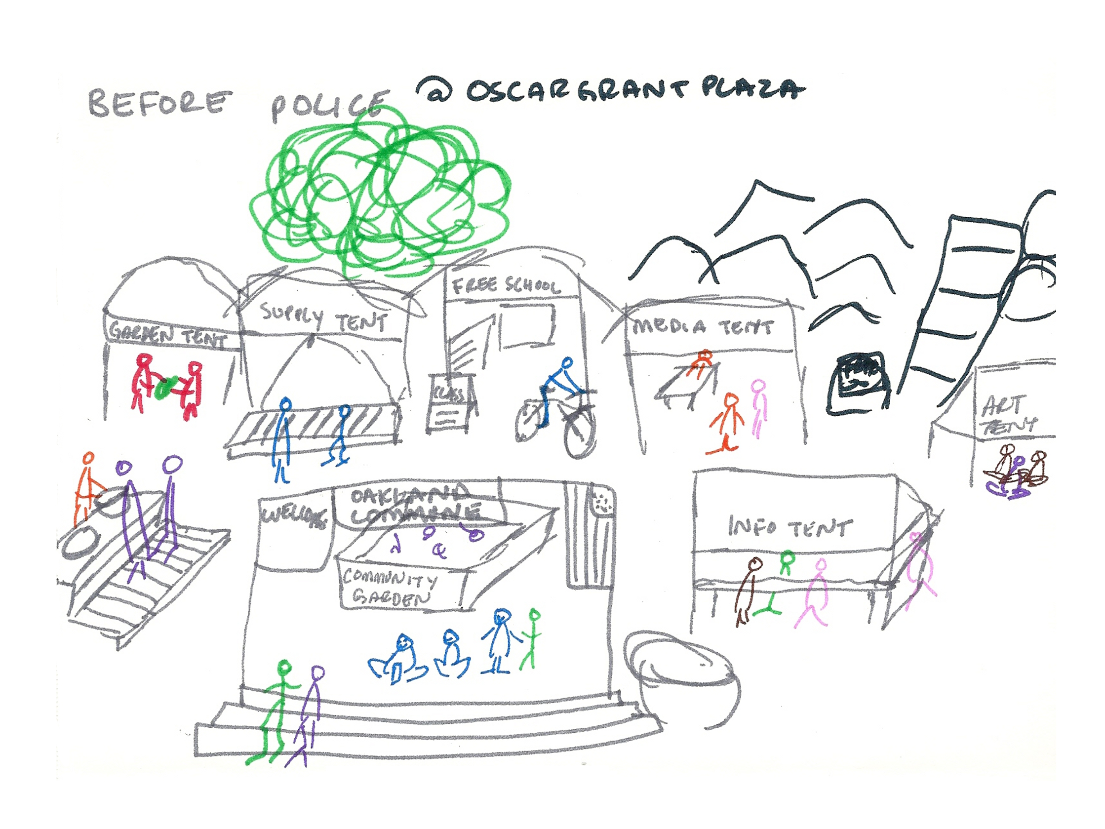 Drawing of the Occupy Oakland encampment Oscar Grant Plaza before the raid